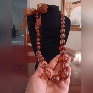 😍 Chic Amber Beaded Necklace with Ribbon Accent